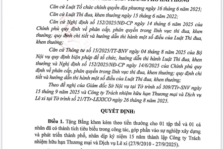 Công ty TNHH Thương mại và Dịch vụ Lê Xi vinh dự đón nhận Bằng khen của Chủ tịch UBND TP Hải Phòng nhân dịp kỷ niệm 15 năm thành lập (27/9/2010 – 27/9/2025).